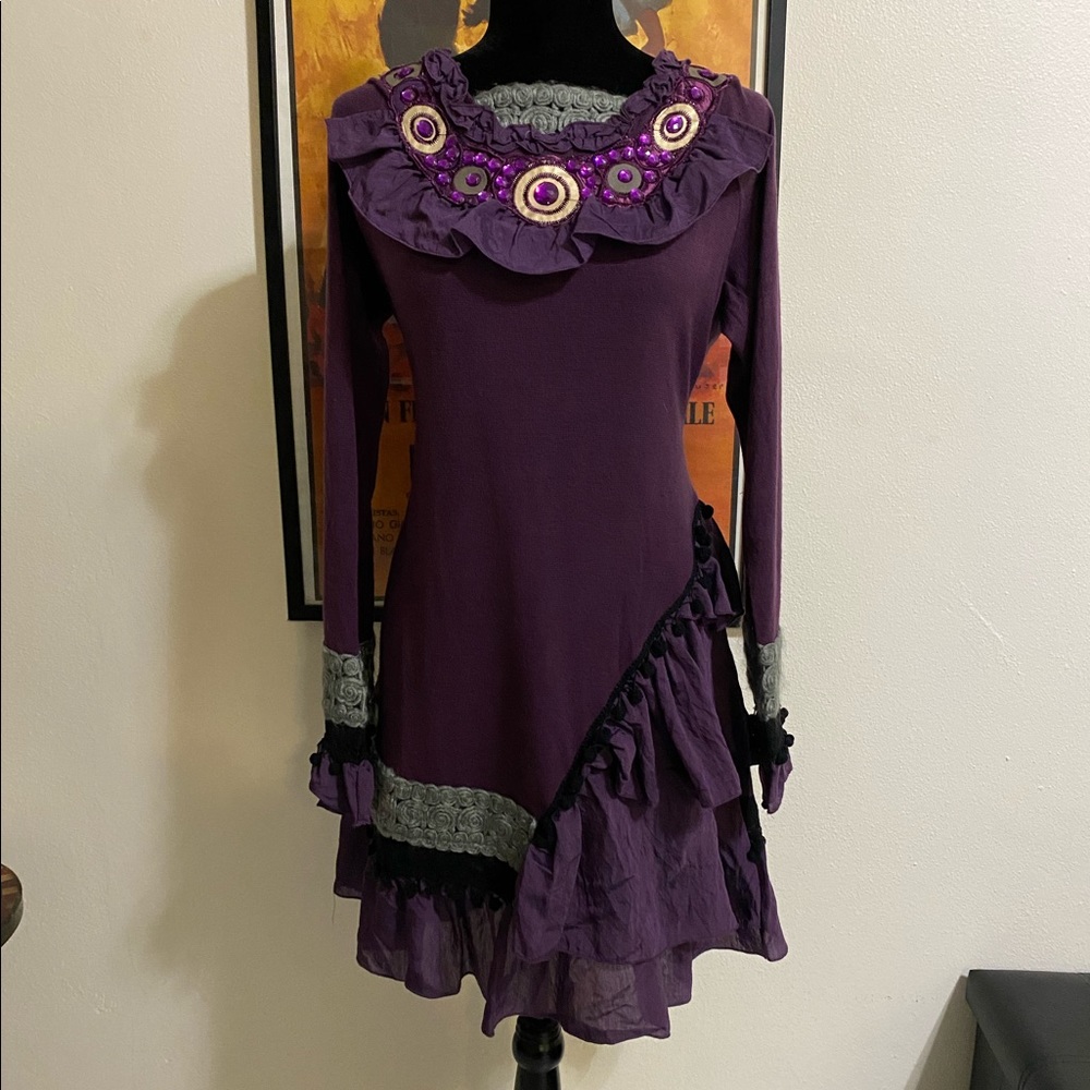Bohemian Purple Embellished Short Casual Dress.